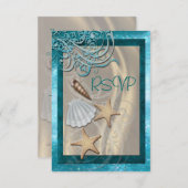 貝殻のティール（緑がかった色）のビーチのRsvpの揺らめく招待状 出欠カード (正面/裏面)