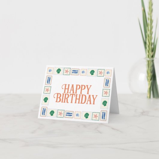 貝殻のボーダー付きコーストアルバム 誕生日カード カード (正面)