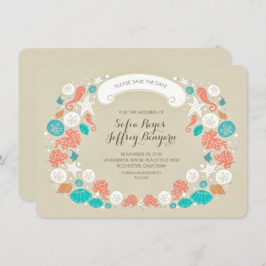 貝殻のリースのビーチの保存日付カード セーブザデート (正面/裏面)