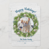 貝殻の常緑のリース ホリデー フォト カード (正面/裏面)