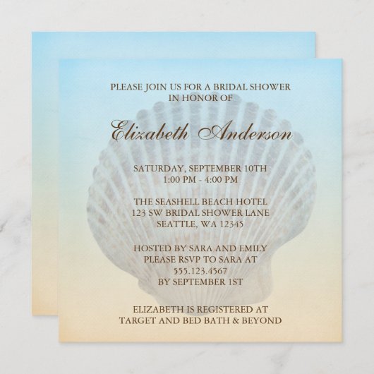 貝殻の熱帯ビーチのブライダルシャワー 招待状 (正面/裏面)