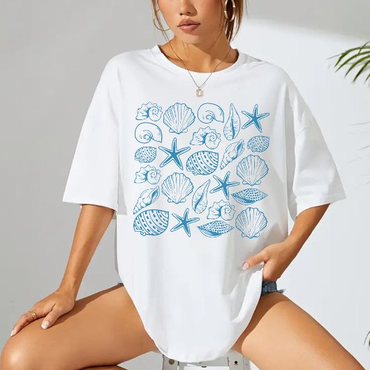 貝殻の落書きシャツ、しょっぱいビーチの雰囲気と夏 Tシャツ