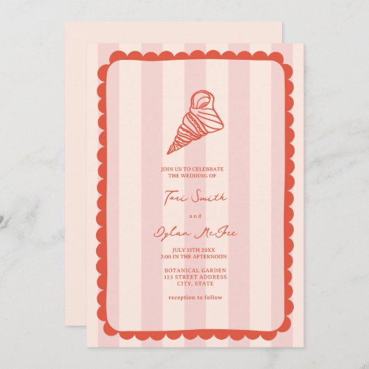 貝殻の鱗片状ピンク縞熱帯結婚式 招待状 (正面/裏面)