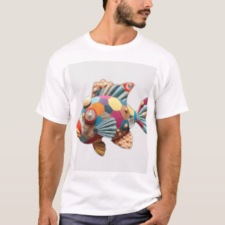 貝殻付きパッチワーク生魚 Tシャツ