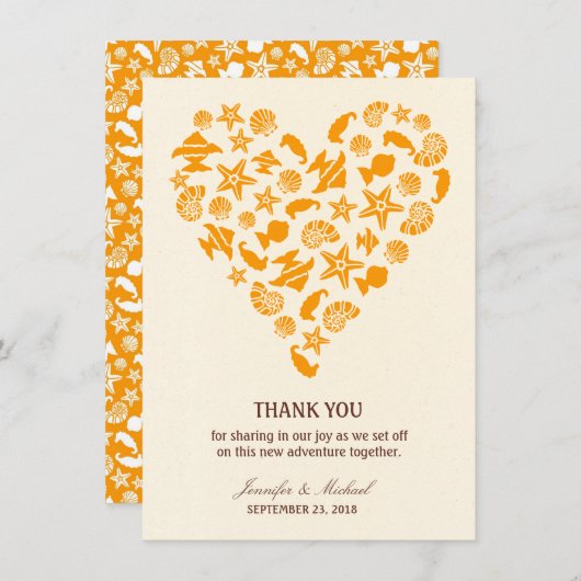 貝殻及びヒトデのハートの夏のビーチ結婚式 サンキューカード (正面/裏面)