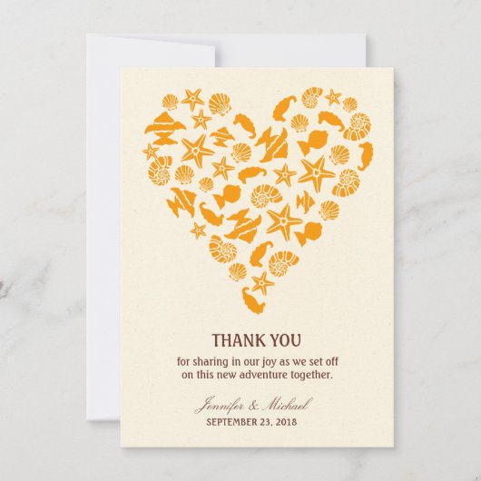 貝殻及びヒトデのハートの夏のビーチ結婚式 サンキューカード (正面)