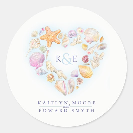 貝殻水色ハートビーチ青 ラウンドシール (正面)