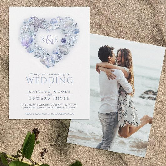 貝殻水色ハートビーチ青 招待状