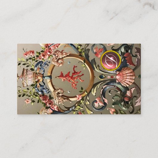 貝殻、サンゴ、イルカ、アンティークフローラクラフト 名刺 (裏面)