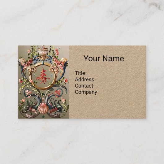貝殻、サンゴ、イルカ、アンティークフローラクラフト 名刺 (正面)