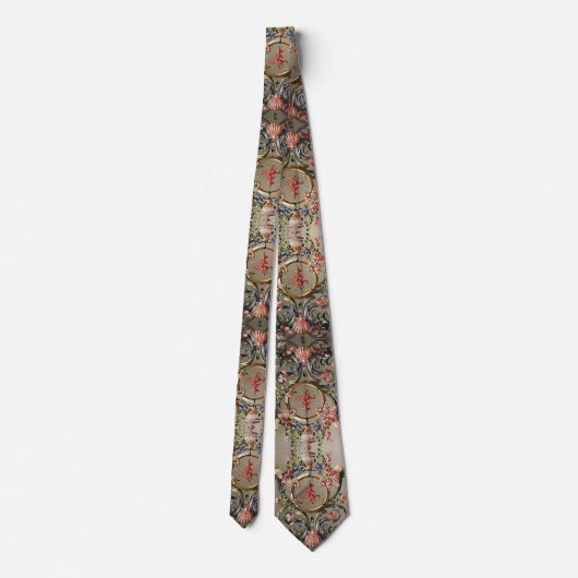 貝殻、サンゴ、イルカ、アンティークフローラ渦巻き ネクタイ (裏面)