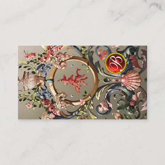 貝殻、サンゴ、イルカ、アンティークフローラ渦巻き 名刺 (裏面)