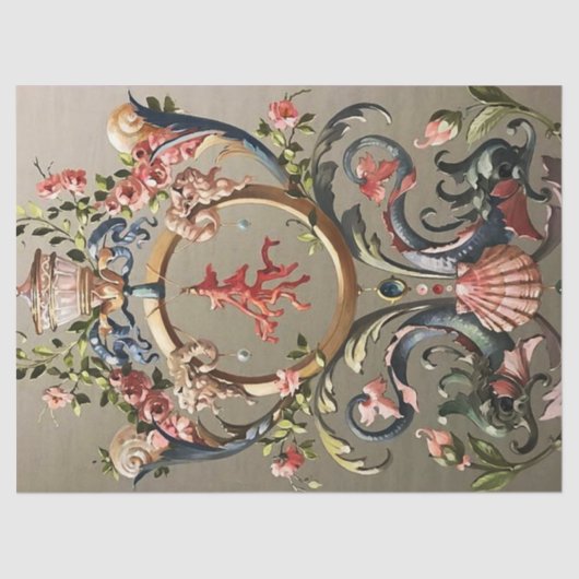 貝殻、サンゴ、イルカ、アンティークフローラ渦巻き 薄葉紙 (正面)