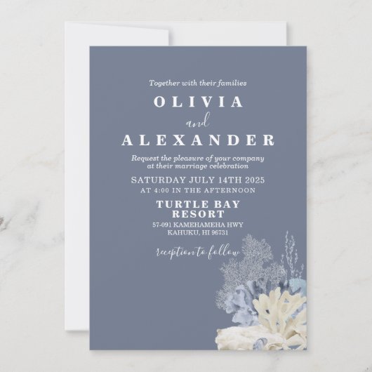 貝殻 ビーチ 青い ウェディング 招待状 (正面)