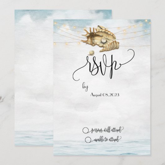 貝殻、海、ストリングライト スクリプトRSVP 招待状 (正面/裏面)