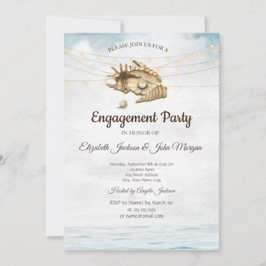 貝殻,海,ストリングライト 結婚式 参加案内 招待状 (正面)