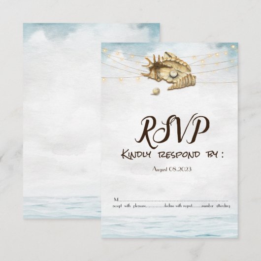 貝殻,海,ストリングライト 脚本 ライト RSVP   招待状 (正面/裏面)