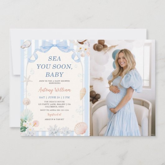 貝殻 赤ちゃん シャワー 写真「Sea You Soon, Baby」 招待状 (正面)