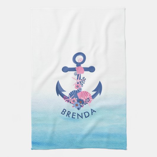 貝類とサンゴ航海の類のいかり キッチンタオル (縦)