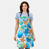 貝類とヒトデの海模様 エプロン (着用した状態)