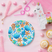 貝類とヒトデの海模様 ペーパープレート (パーティー)