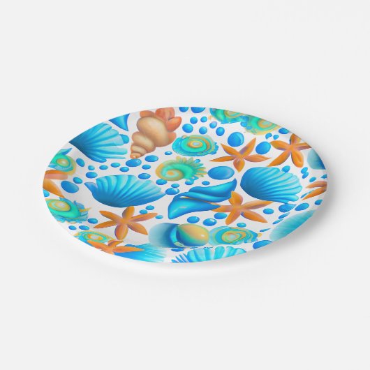 貝類とヒトデの海模様 ペーパープレート (アングル)