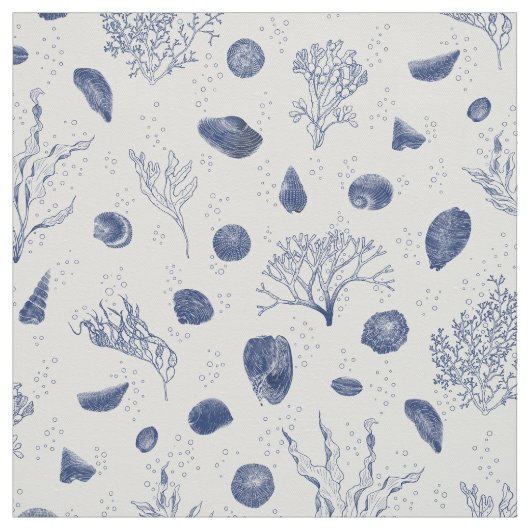 貝類と海苔の水色と白い織物 ファブリック (見本)