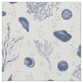 貝類と海苔の水色と白い織物 ファブリック (クローズアップ)