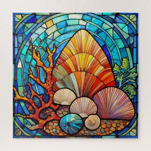 貝類と珊瑚色のステンドグラスパズル ジグソーパズル (縦)