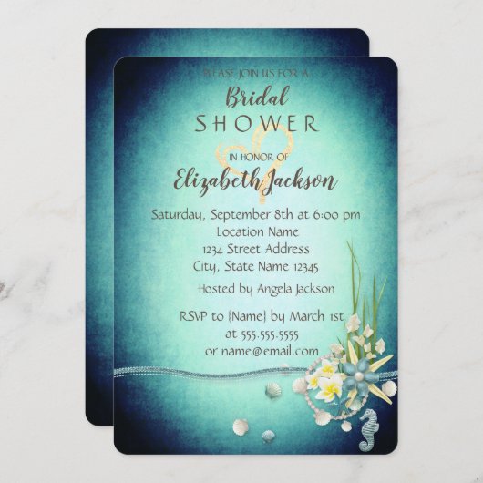 貝類、花、金ゴールドハートブライダルシャワー 招待状 (正面/裏面)