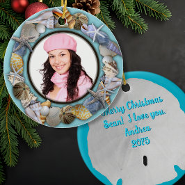 貝、青い写真フレームのクリスマスオーナメント セラミックオーナメント