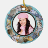 貝、青い写真フレームのクリスマスオーナメント セラミックオーナメント (正面)