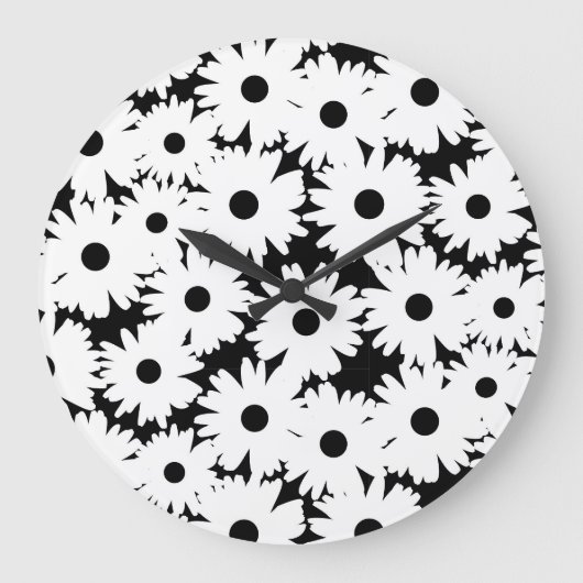 負の宇宙デイジー白の黒 ラージ壁時計 (正面)