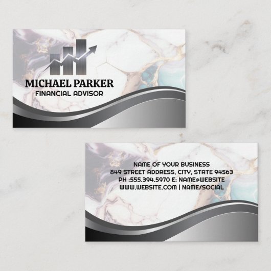 財務ロゴ |大理石カラフル石 |メタリック 名刺 (正面/裏面)