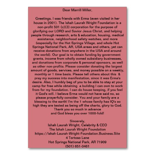 財団法人イシャ·ローラ·ライト財団 テーブルナンバー (裏面)