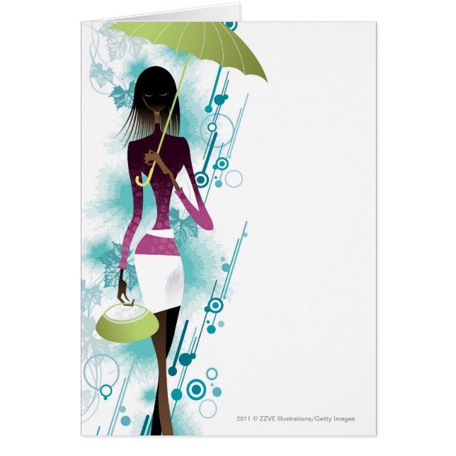 財布および傘を握る若い女性のポートレート (正面)