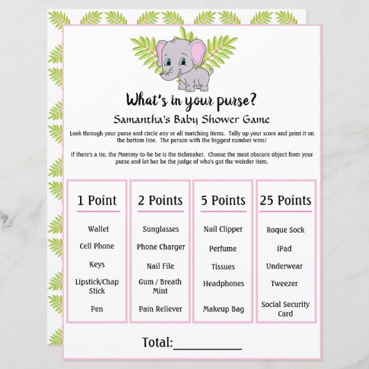 財布のゲームで象の赤ちゃんシャワー (正面/裏面)