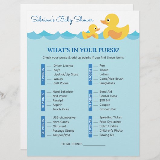 財布のゴム鴨の赤ちゃんシャワーゲームの内容 (正面/裏面)