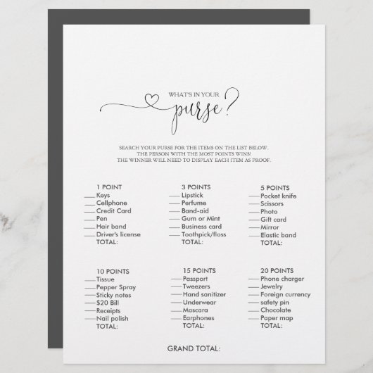 財布のスクリプトブライダルシャワーゲーム (正面/裏面)