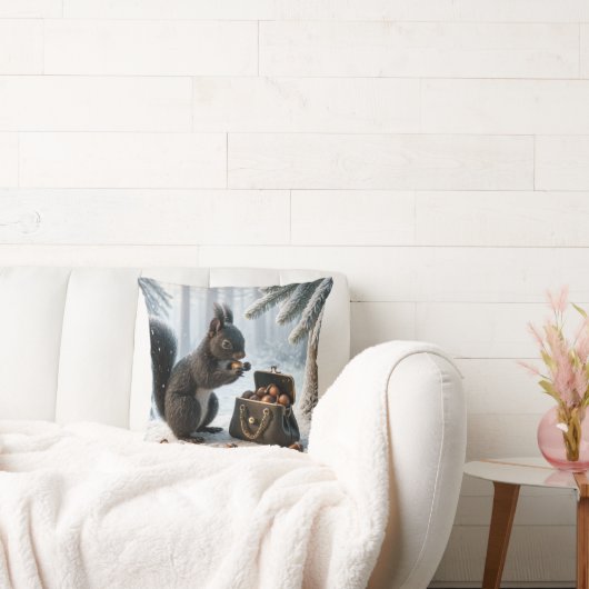 財布の中にドングリを入れた黒いリス クッション (ソファ)