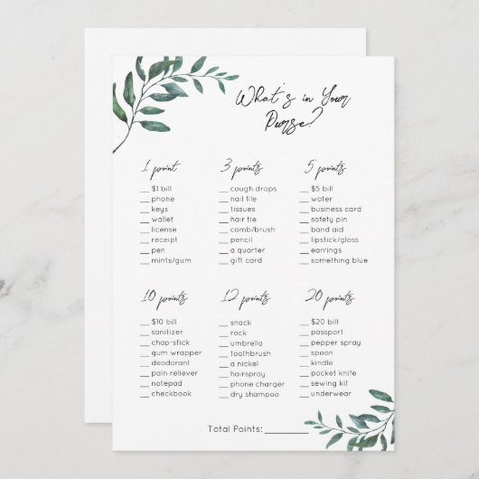 財布の中に何があるか – ブライダル/赤ちゃんシャワーゲーム シーズンカード (正面/裏面)