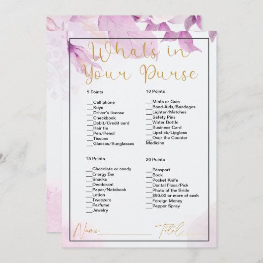 財布の中に何がピンクのフローラブライダルシャワー 招待状 (正面/裏面)