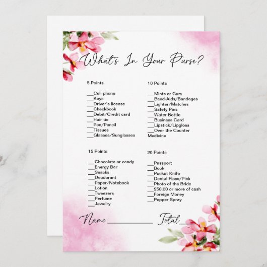 財布の中に何がピンクのフローラブライダルシャワー 招待状 (正面/裏面)