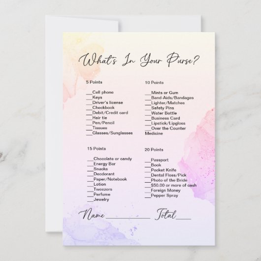 財布の中に何がピンク&紫のブライダルシャワー 招待状 (正面)