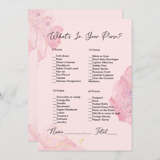 財布の中に何がピンク&赤面ブライダルシャワー 招待状 (正面/裏面)