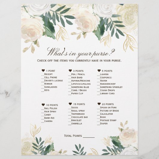 財布の中に何が入ってる？ブライダルシャワー印刷用ゲーム チラシ (正面)