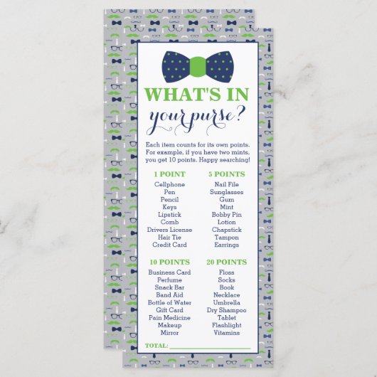 財布の中に何が入ってる？赤ちゃんシャワーのゲーム、小さな男 (正面/裏面)