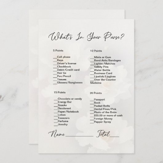 財布の中に何が白いフローラブライダルシャワー 招待状 (正面/裏面)