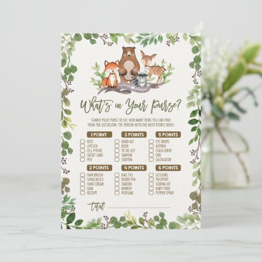 財布の中のホイットウッドランドベイビーシャワーゲームカード 招待状 (スタンド正面)