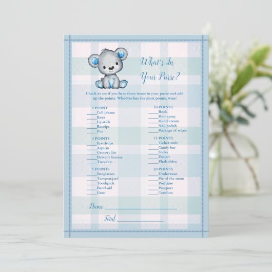 財布の中のホートかわいい灰色のクマ男の子シャワーゲーム 招待状 (スタンド正面)